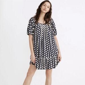 MADEWELL Shirred Ruffle-Hem Mini Dress Sz M Navy Polka Dot Applique Daisies EUC